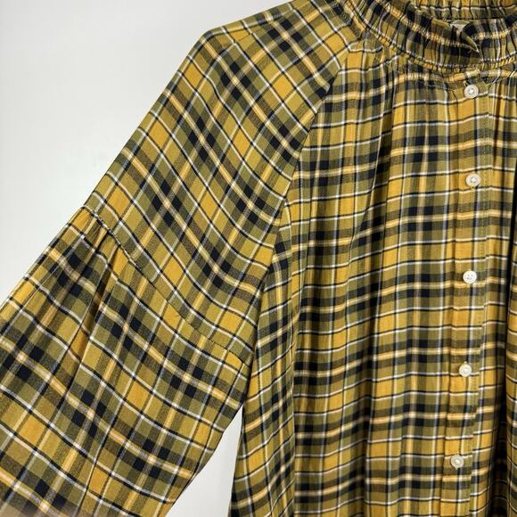 Loft Yellow Black Plaid Button Up Shirt Small Ruffle Neck Fall Tunic Preppy - Picture 5 of 14